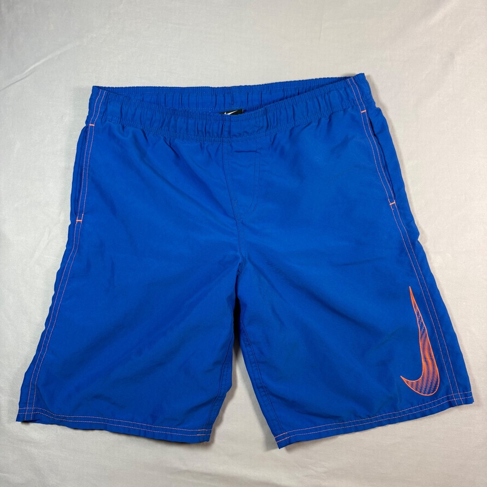 Nike Boys Swim Trunks Size L 12-14 Royal Blue Orange Swoosh Board Shorts Mesh